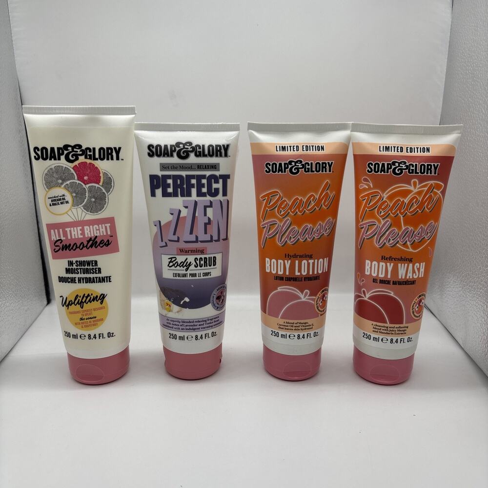SOAP & GLORY Bath Body Lot 4 Piece Bundle Peach Body Wash Lotion Scrub Hydratant